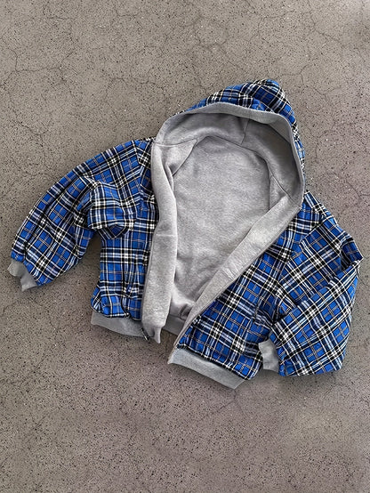 Unisex Reißverschluss-Hoodie Grau mit kariertem Futter, lässig