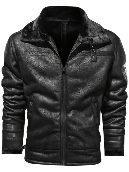 Herren Jacke mit Kunstfellkragen und Reißverschluss – Pilotenstil, Braun/Schwarz