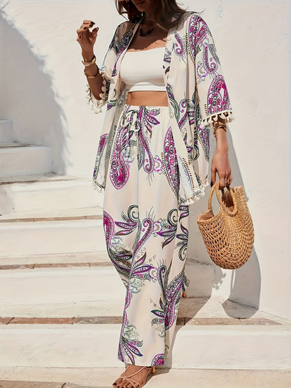 Damen Boho Zweiteiler Set mit Paisley-Muster – Kimono Cardigan & Weite Hose, Sommer-Outfit für Urlaub und Freizeit