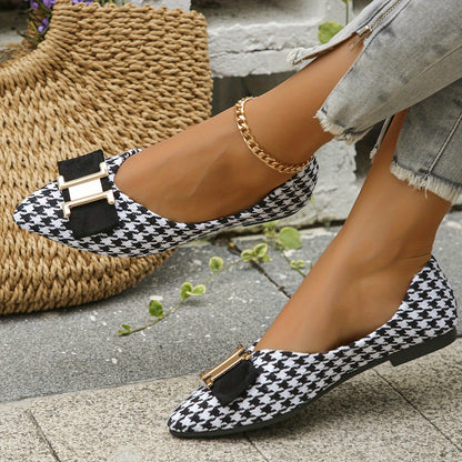 Damen Elegante Houndstooth Ballerinas mit Schleifen-Detail – Modische Flats für Alltag und Büro