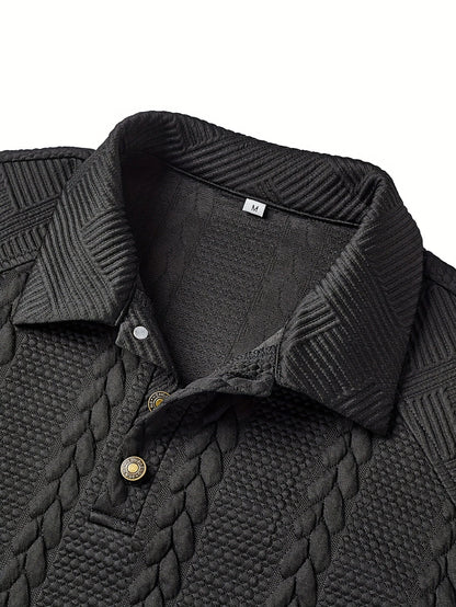 Herren Poloshirt Strickpullover Zopfmuster Knopfleiste Langarm Dunkelgrau