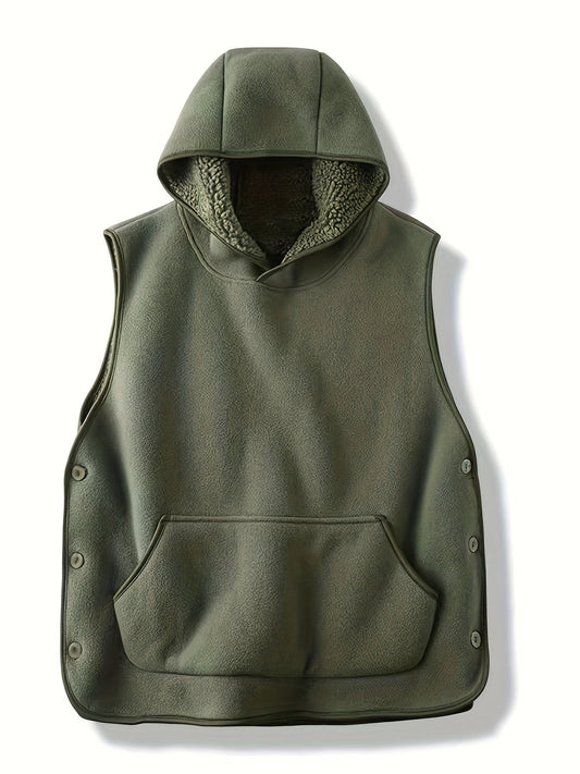 Unisex Kapuzenweste mit Kängurutasche und seitlichen Knöpfen, gefütterte Kapuze