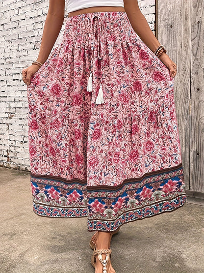 Damen Boho Maxirock mit Blumenmuster und elastischem Bund – Sommer Freizeitrock, Vintage Stil