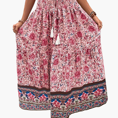 Damen Boho Maxirock mit Blumenmuster und elastischem Bund – Sommer Freizeitrock, Vintage Stil