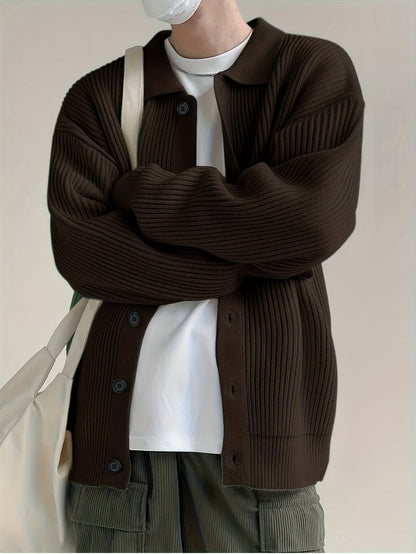 Gerippter Herren Cardigan mit Kragen und Knopfleiste, lässige Strickjacke für Männer