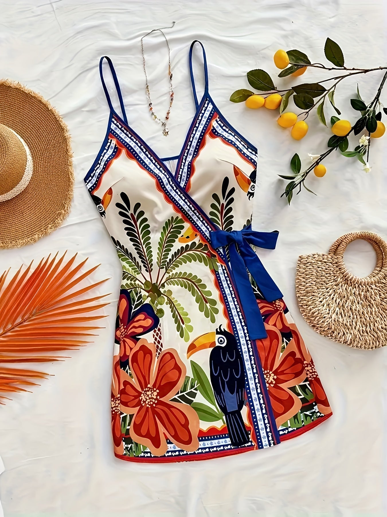 Damen Sommer Wickelkleid mit tropischem Print und Blumenmuster – Ideal für Urlaub und Freizeit