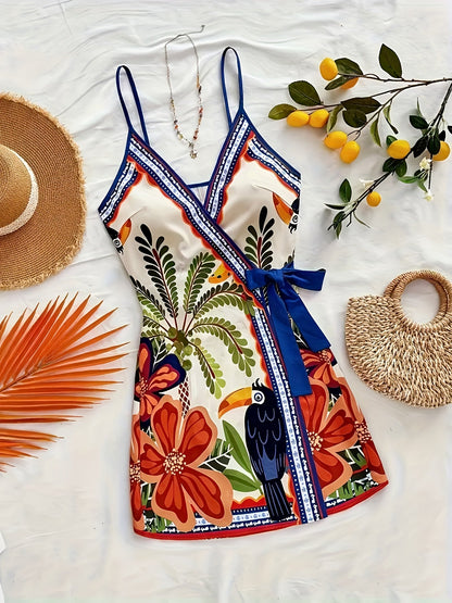 Damen Sommer Wickelkleid mit tropischem Print und Blumenmuster – Ideal für Urlaub und Freizeit