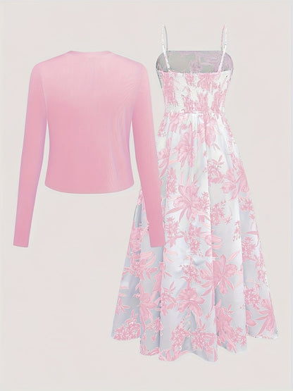 Damen Midikleid mit Blumenmuster und Cardigan – Elegantes Freizeit-Outfit Set für Frühling & Sommer