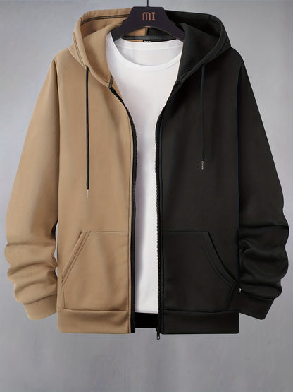 Hoodie mit Reißverschluss, zweifarbig, Kapuze, Kängurutaschen, Motiv