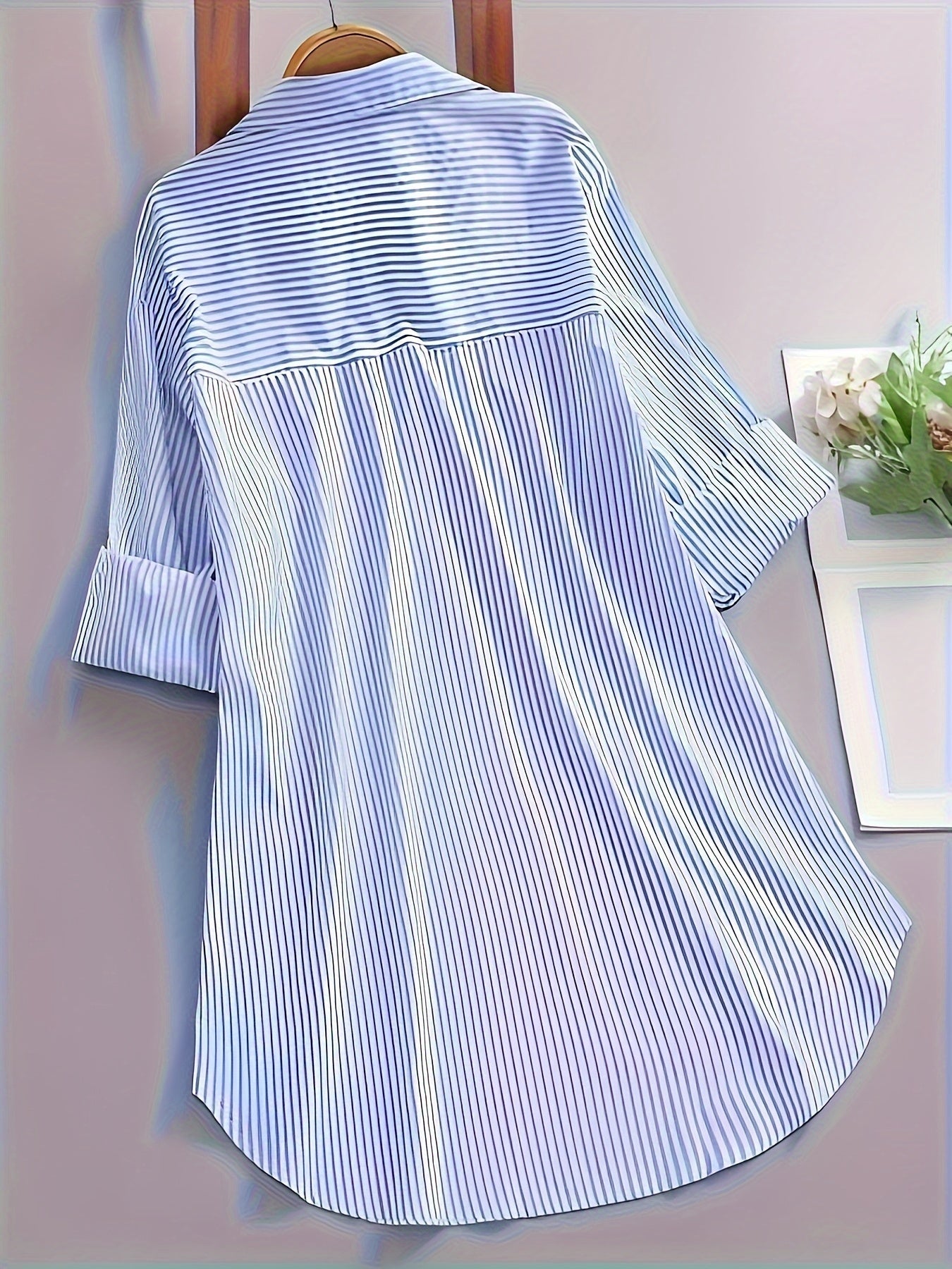 Damen Langarm Hemdbluse mit Streifenmuster und Knopfleiste – Elegante Freizeit- und Bürobluse