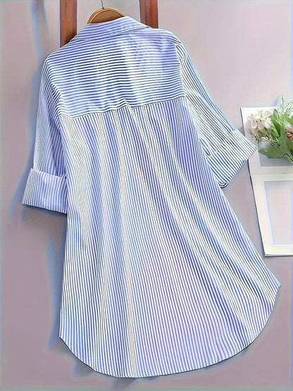Damen Langarm Hemdbluse mit Streifenmuster und Knopfleiste – Elegante Freizeit- und Bürobluse