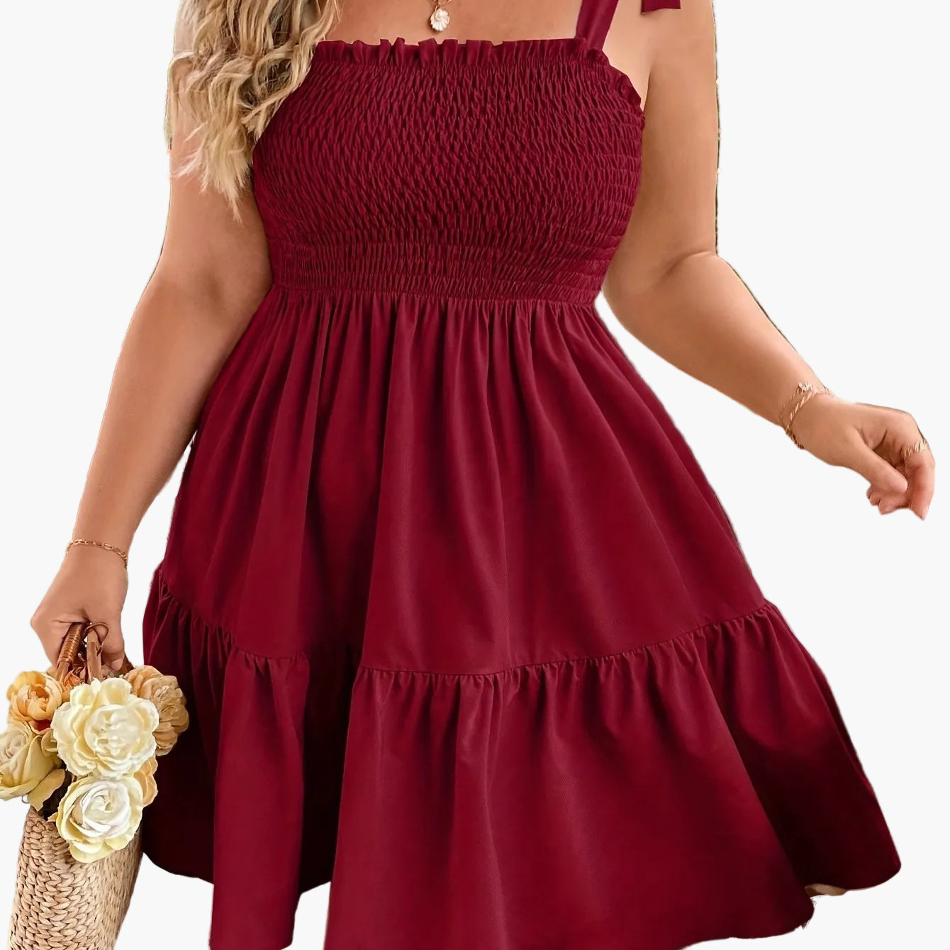Damen Sommer Freizeitkleid mit Smok-Top und Schleifen-Trägern – Ideal für Urlaub und Alltag