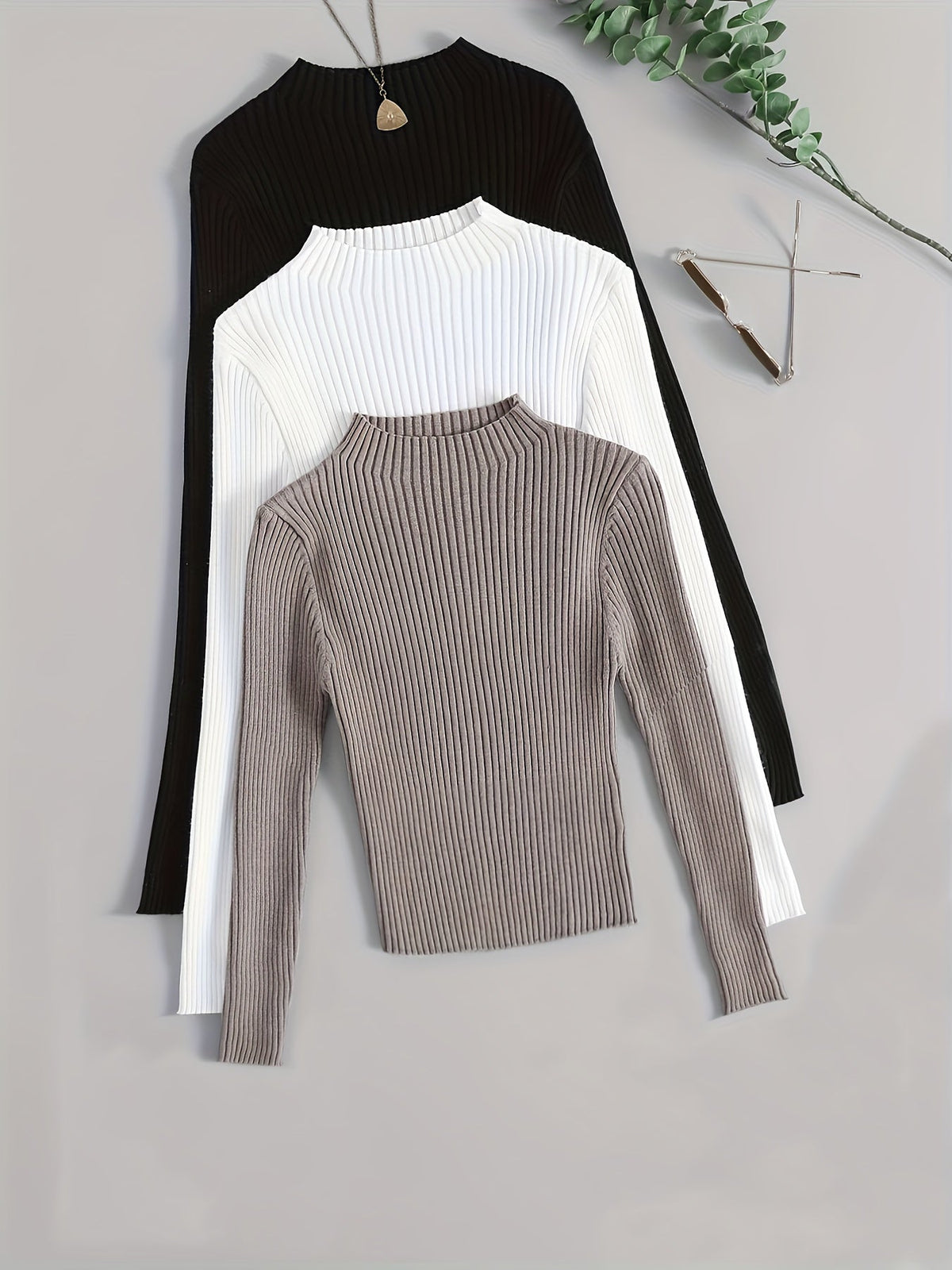 Damen Geripptes Langarm-Top mit Stehkragen, Stretch-Rippstrick-Pullover in verschiedenen Farben