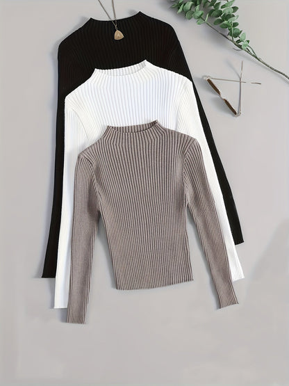 Damen Geripptes Langarm-Top mit Stehkragen, Stretch-Rippstrick-Pullover in verschiedenen Farben