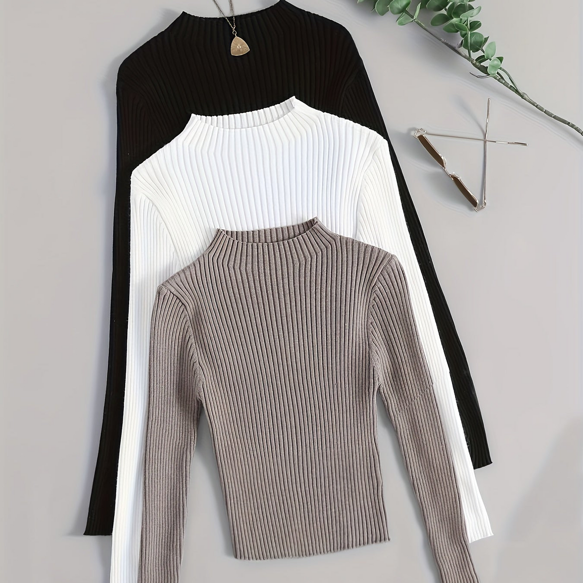Damen Geripptes Langarm-Top mit Stehkragen, Stretch-Rippstrick-Pullover in verschiedenen Farben