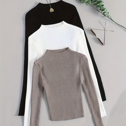 Damen Geripptes Langarm-Top mit Stehkragen, Stretch-Rippstrick-Pullover in verschiedenen Farben