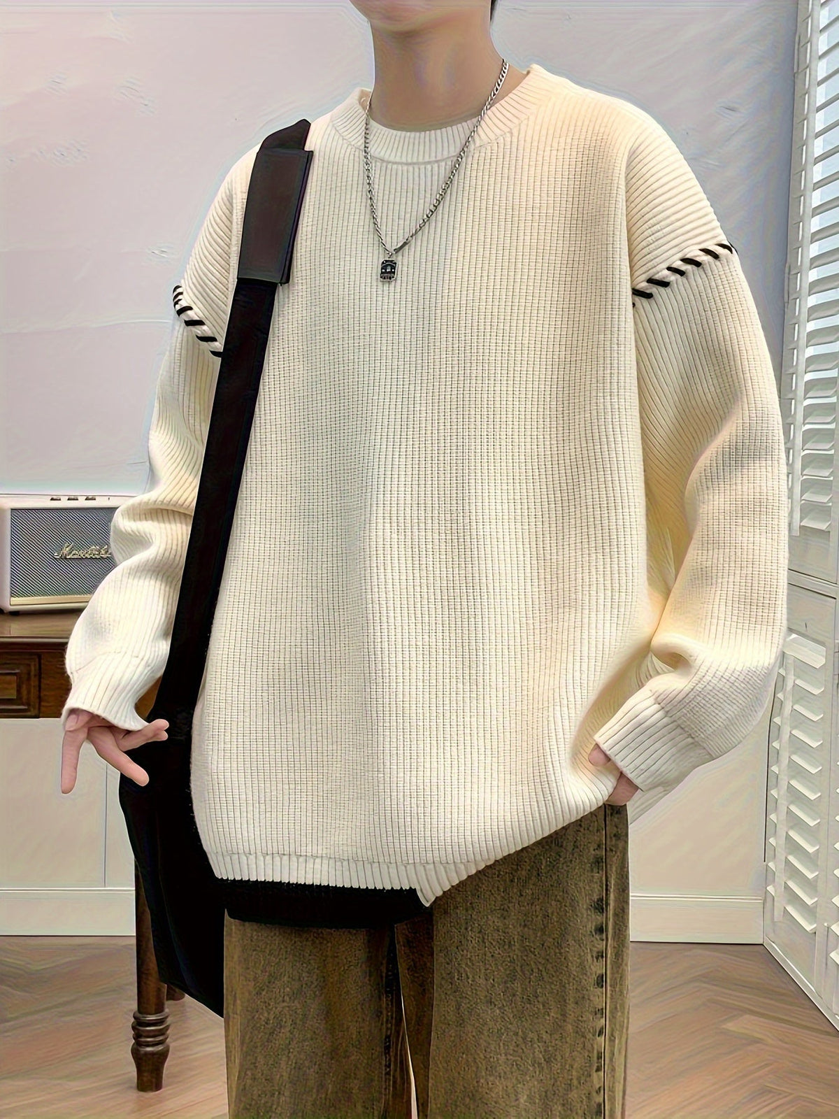 Unisex Rippstrick Pullover Rundhals mit Streifenmuster an Ärmeln und Saum