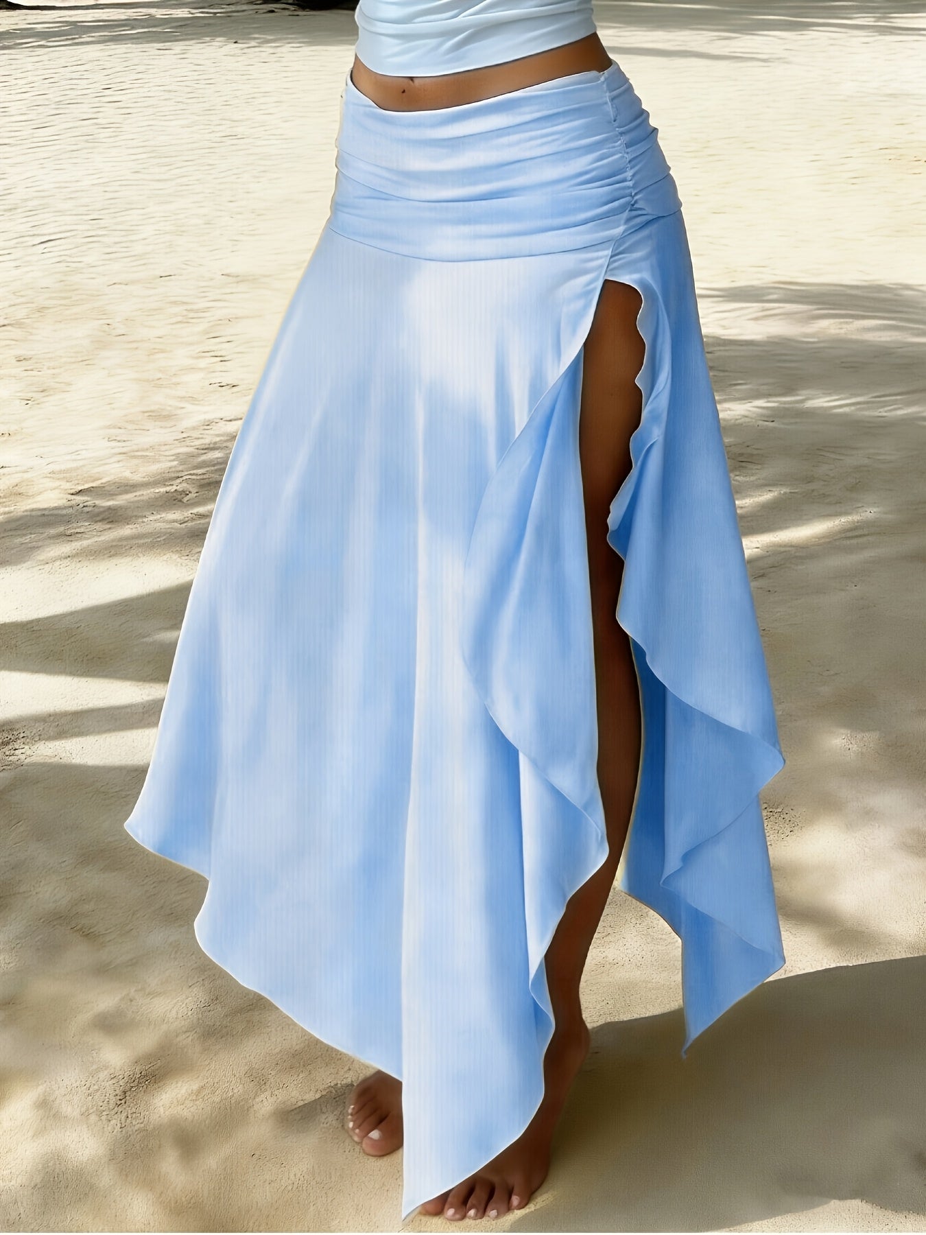 Damen Maxirock Strandstil mit Wickeloptik und Rüschen – Eleganter Boho-Look für Urlaub und Freizeit