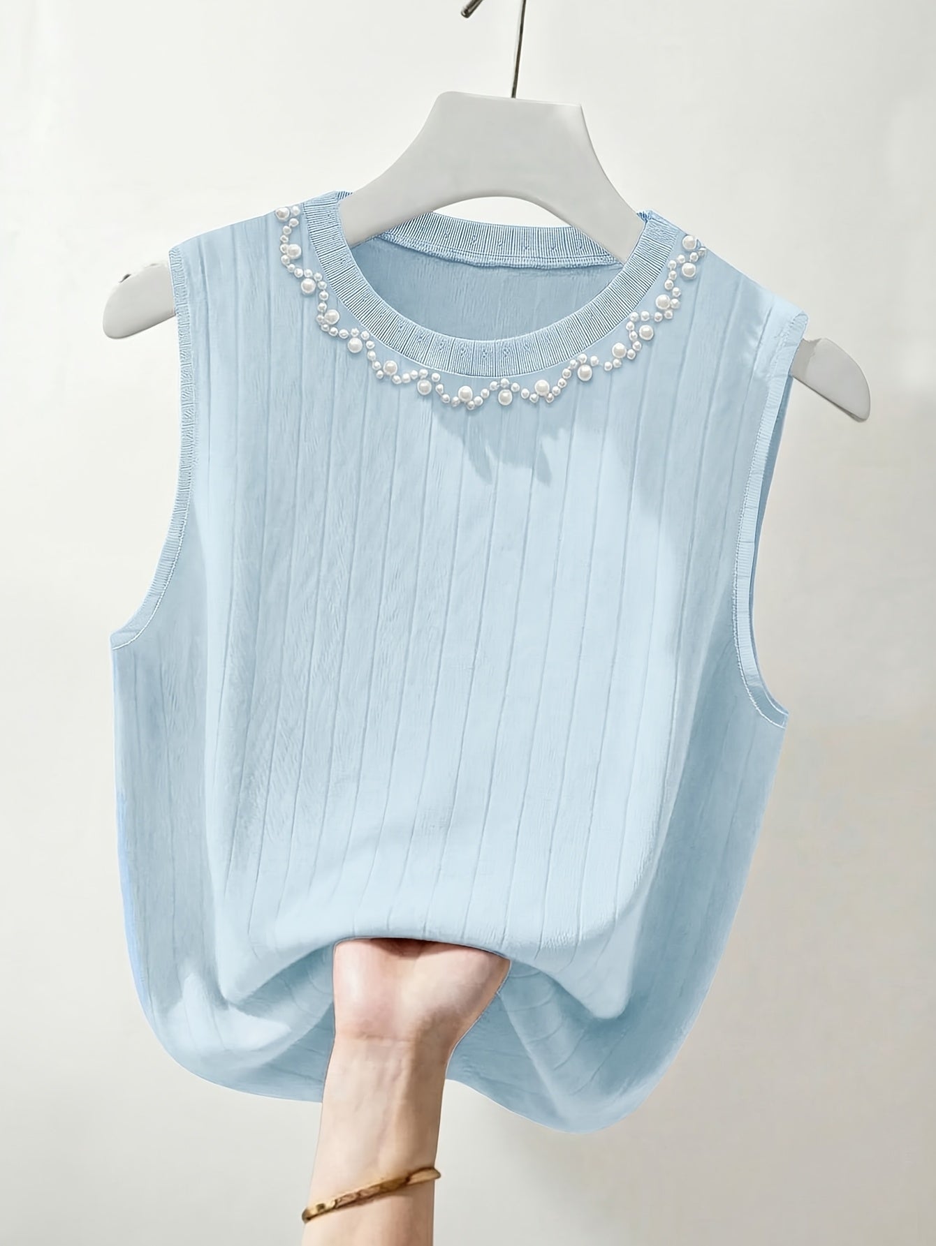 Damen Elegantes Stricktop mit Perlenbesatz – Ärmelloses Oberteil für modische Anlässe