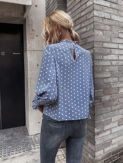 Damen Bluse Punkte Hellblau Langarm Rüschenkragen