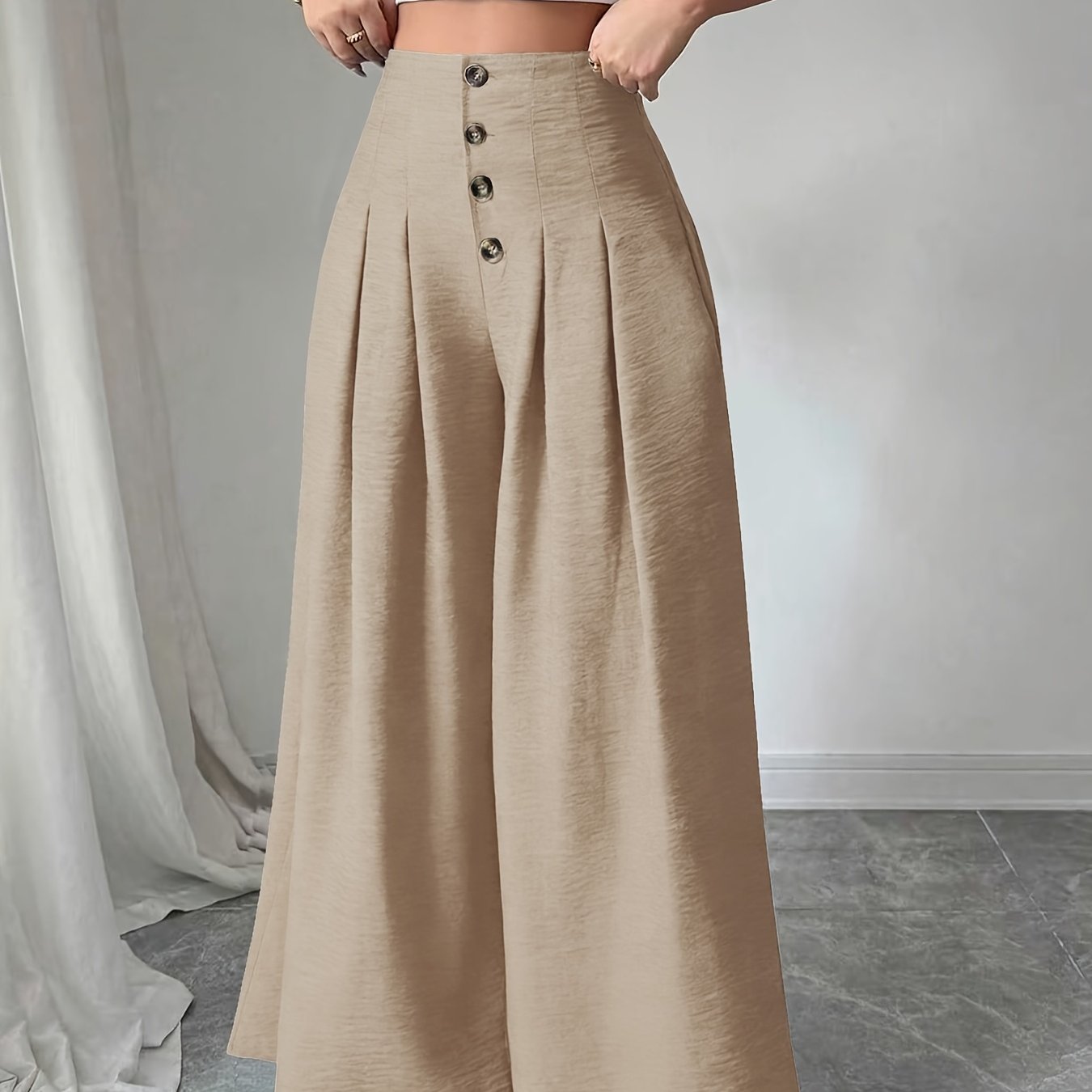 Damen Weitbeinige High-Waist Hose mit Knopfdetail und Eleganten Falten – Modische Business- und Freizeit-Hose