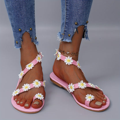 Damen Sandalen mit Blumenverzierung – Boho Stil, Flache Gladiator Sandalen für Freizeit und Urlaub