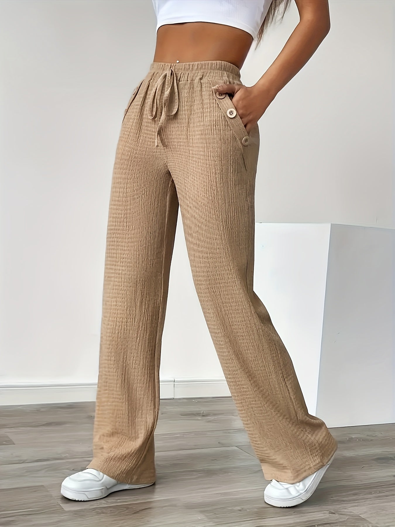 Damen Freizeithose mit weitem Bein und Knopfdetails – Bequeme Lounge- und Streetwear