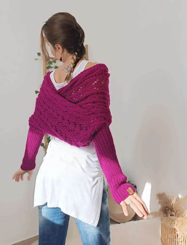 Gestrickter Bolero Damen Wickelpullover mit Ärmeln und Lochmuster