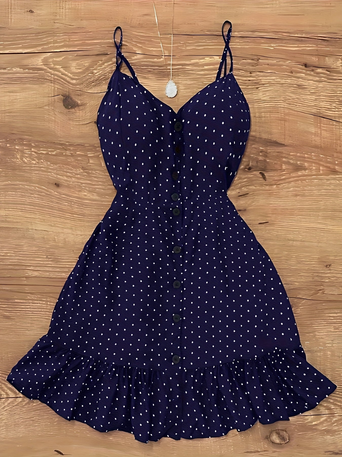 Damen Polka Dot Trägerkleid mit Knopfleiste und Rüschen – Vintage Style Freizeitkleid