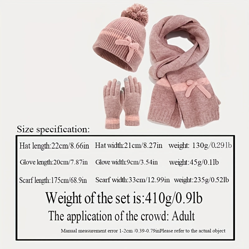 Damen Winter Set Mütze Schal Handschuhe mit Schleife und Bommel, Warmes Strick-Set