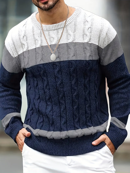 Herren Strickpullover Rundhals Zopfmuster Mehrfarbig