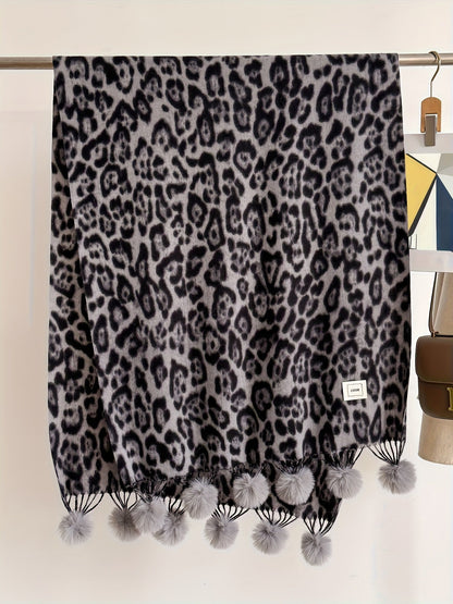 Damen Schal mit Leopardenmuster und Bommeln Weiches Material Animal Print Warmer Umhang