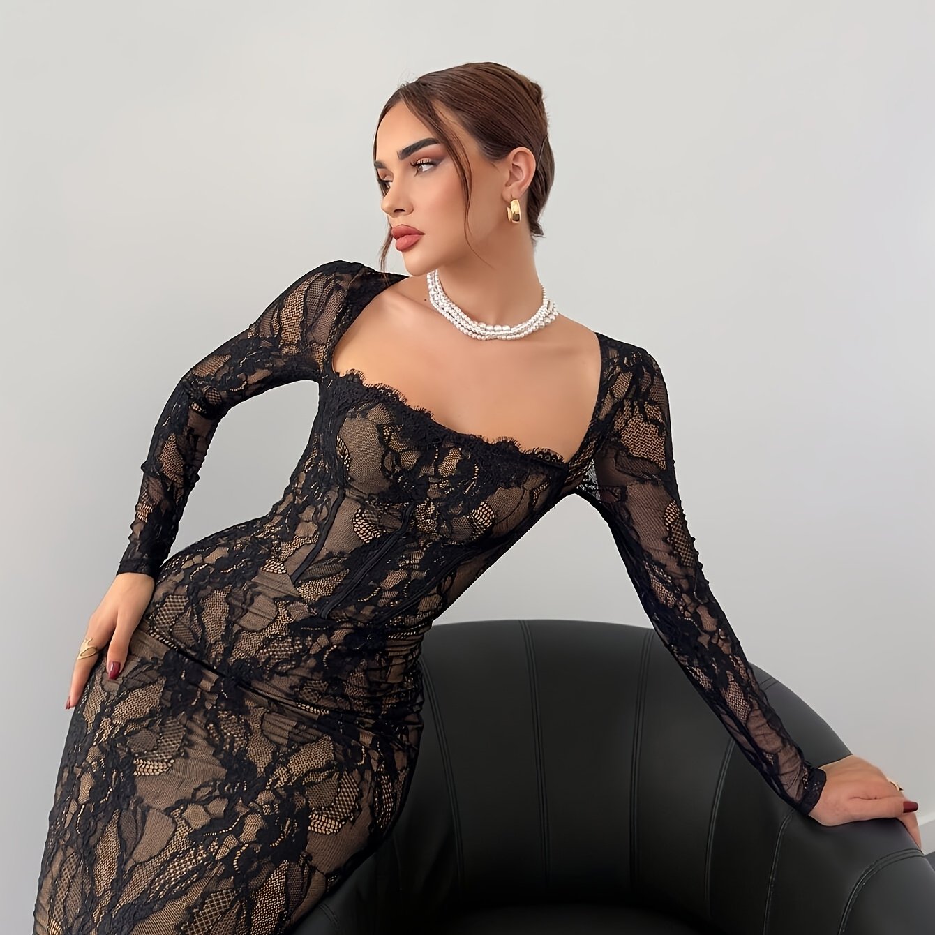 Damen Elegantes Bodycon Abendkleid mit Spitze und Langarm – Stilvolles Partykleid für besondere Anlässe