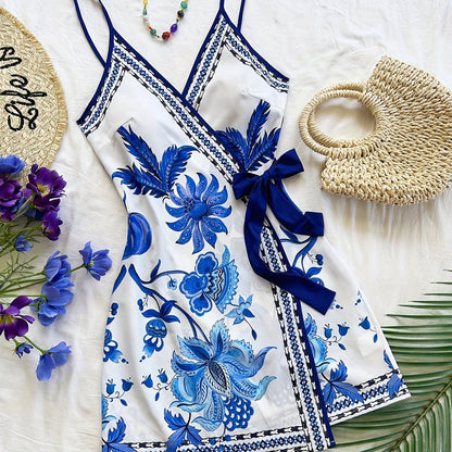 Damen Sommer Wickelkleid mit tropischem Print und Blumenmuster – Ideal für Urlaub und Freizeit