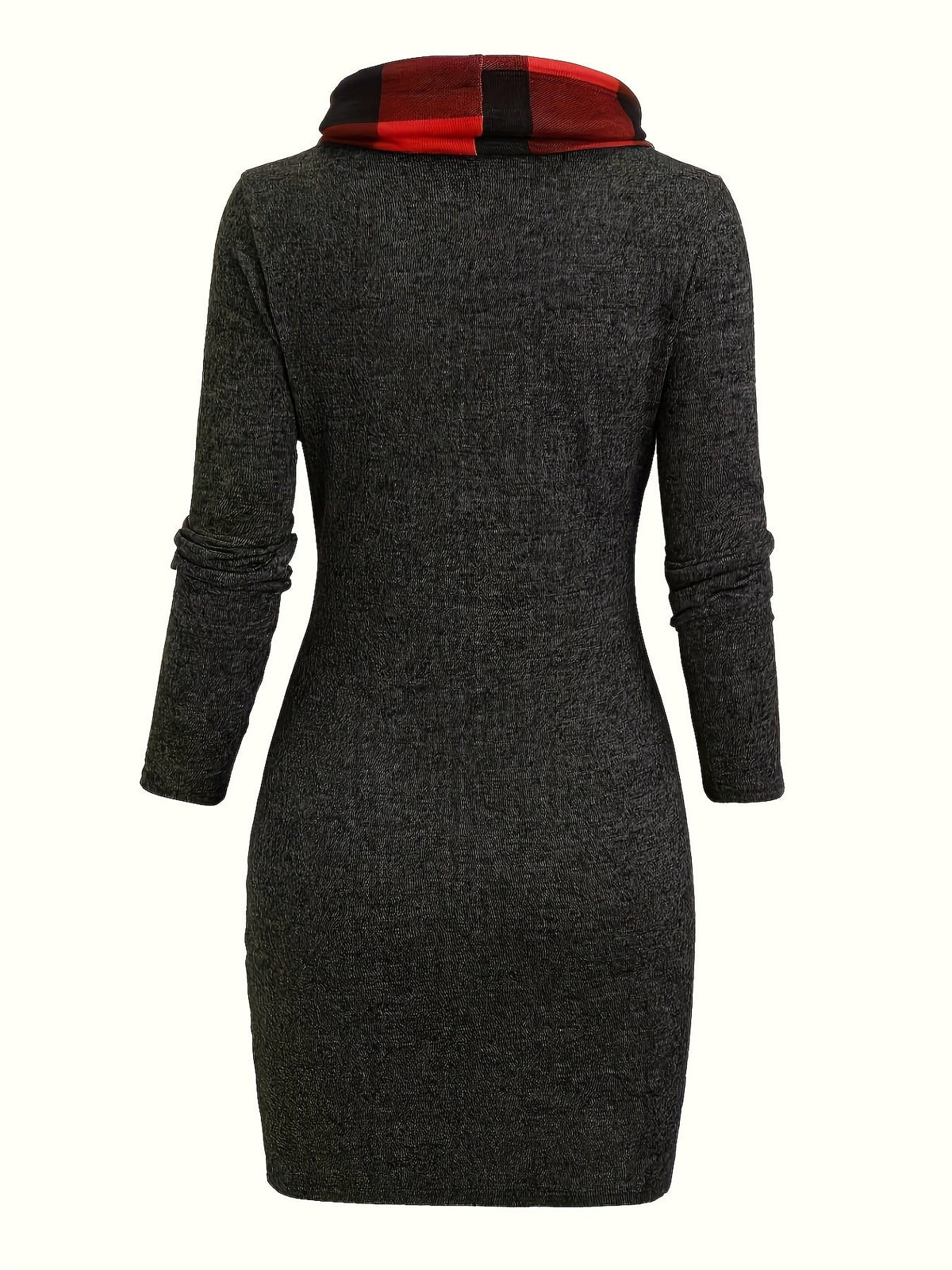 Damen Langarmkleid mit Rollkragen, kariertem Einsatz und Raffung