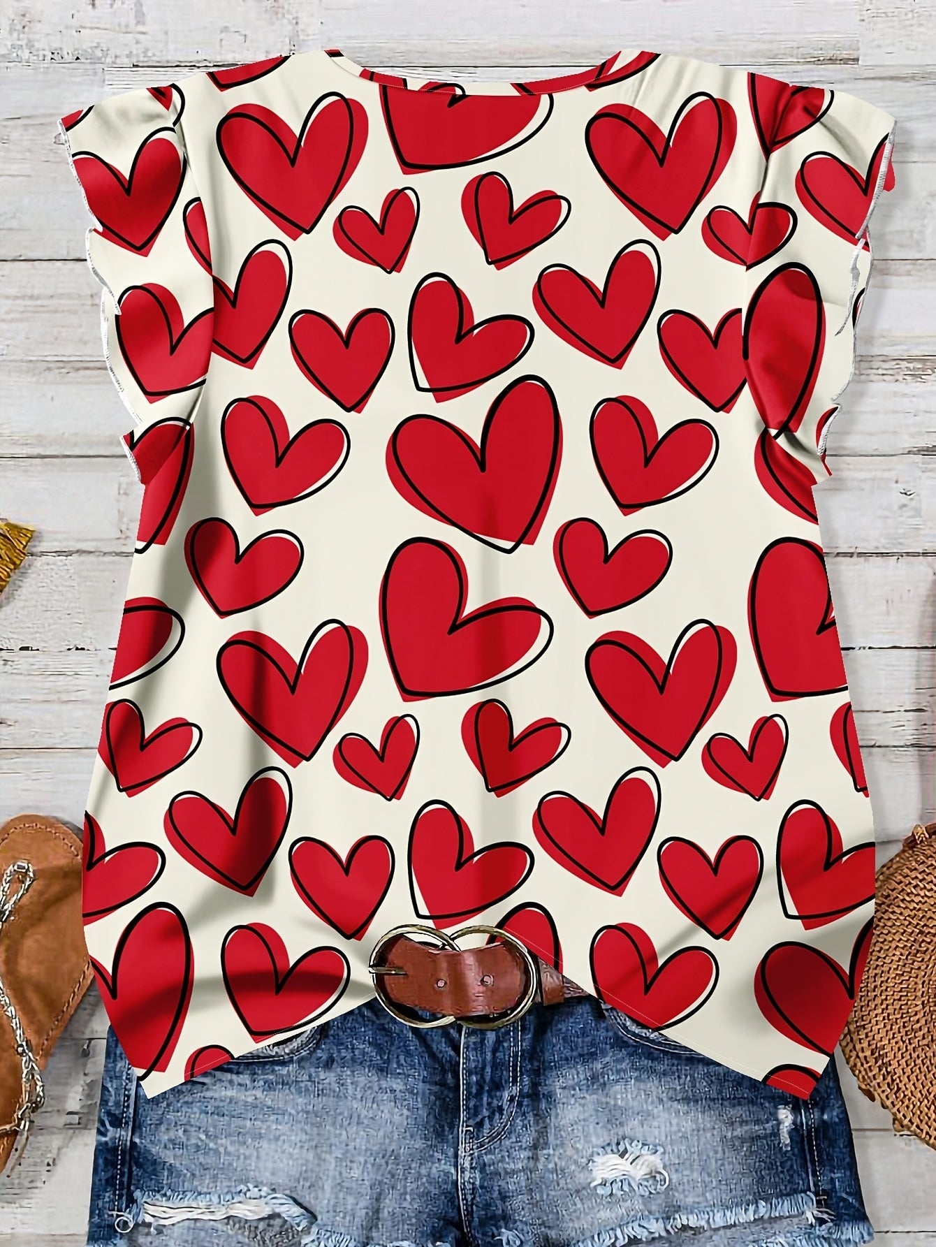 Damen Sommer Bluse mit Herzmuster und Knopfleiste – Verspielte Freizeitmode für den Alltag