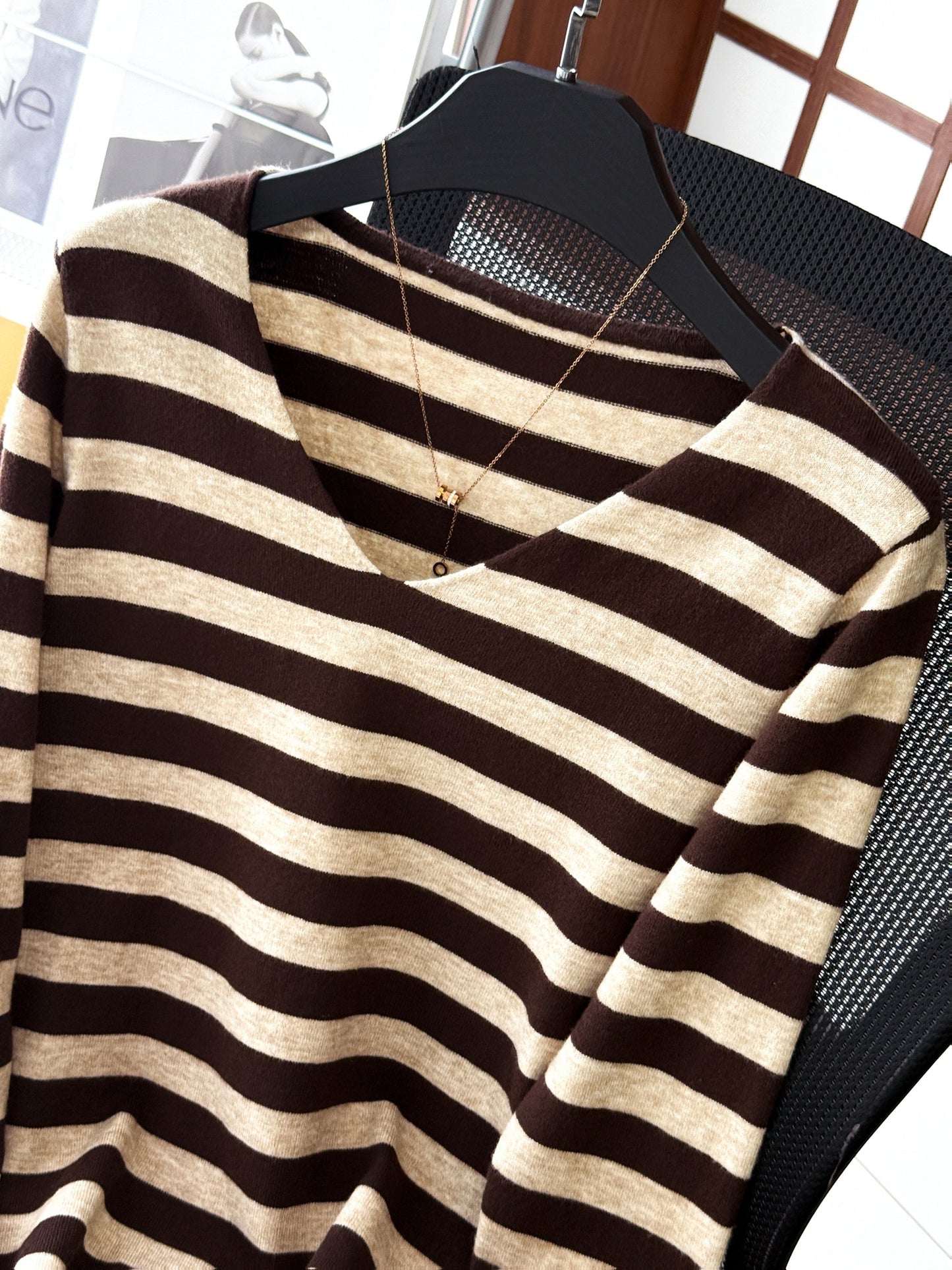 Damen Pullover V-Ausschnitt Gestreift Beige Marineblau Langarm