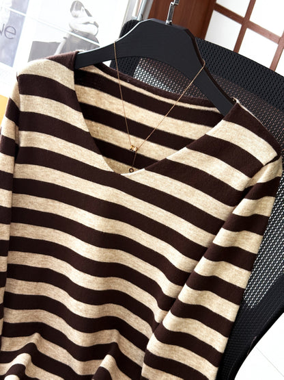 Damen Pullover V-Ausschnitt Gestreift Beige Marineblau Langarm