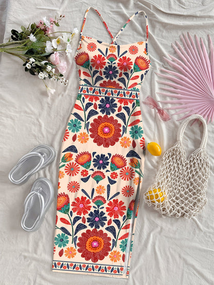 Damen Midikleid mit Blumenmuster und Spaghettiträgern – Boho Sommerkleid für Freizeit & Urlaub