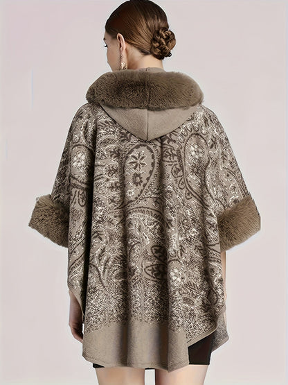 Damen Cape mit Kapuze und Kunstpelzbesatz - Musterbedruckt, Mehrfarbig