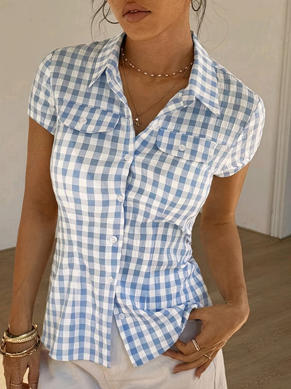 Damen Taillierte Kurzarm-Bluse im Vichy-Karo für Alltag und Freizeit