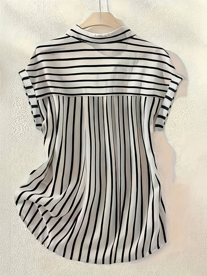 Damen Bluse Streifenmuster Elegant Büro Freizeit Kurzarm Hemdbluse
