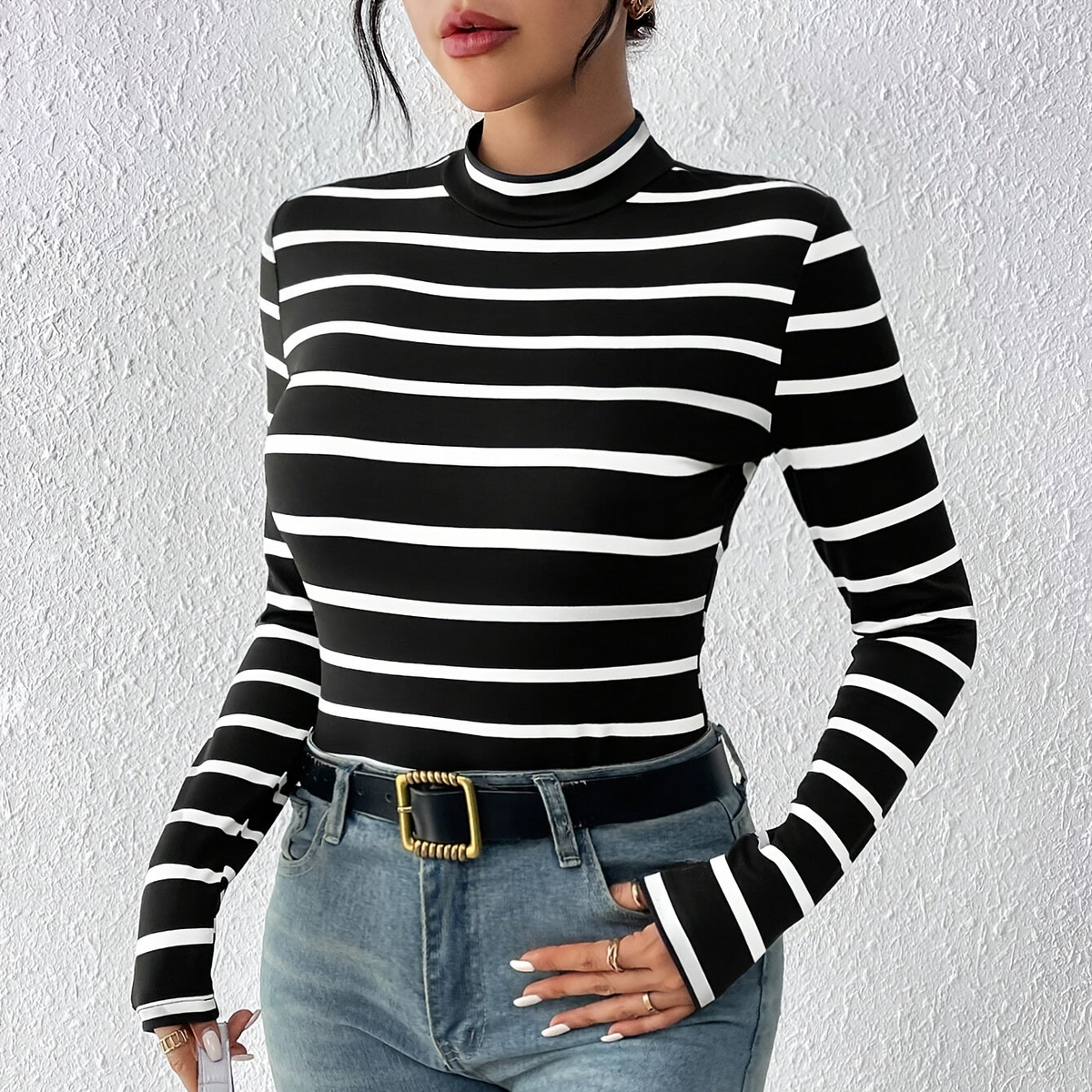 Damen Rollkragen Langarmshirt gestreift mit halbem Stehkragen