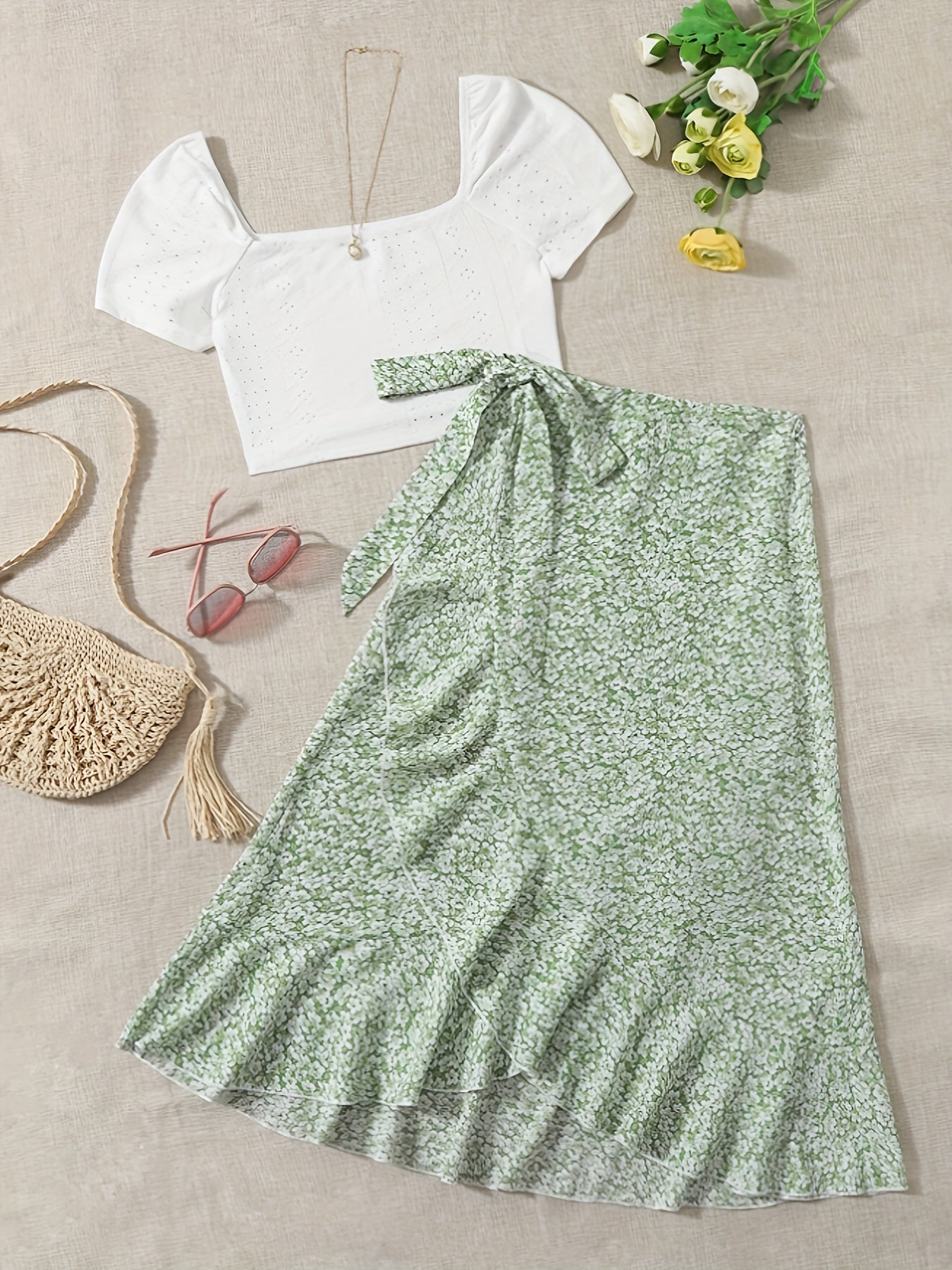 Damen Zweiteiler Set – Romantisches Sommer-Outfit mit Bluse und Wickelrock, ideal für Freizeit und Urlaub