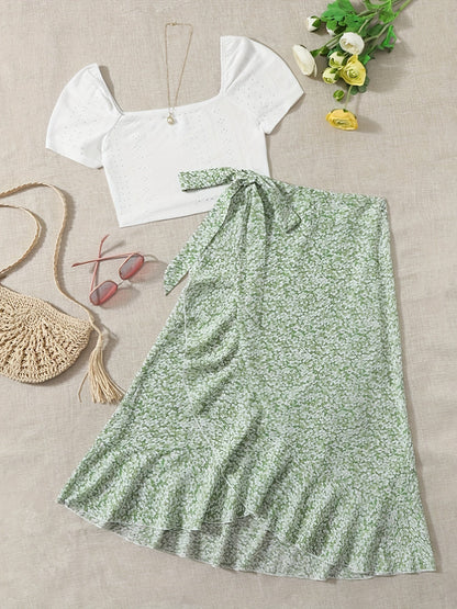 Damen Zweiteiler Set – Romantisches Sommer-Outfit mit Bluse und Wickelrock, ideal für Freizeit und Urlaub