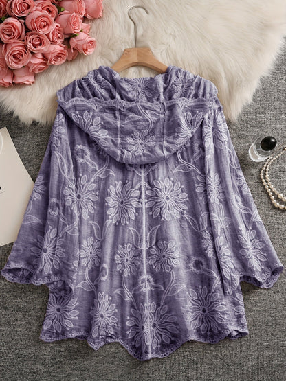 Damen Bluse Langarm mit Kapuze, Besticktes Blumenmuster, Knopfleiste