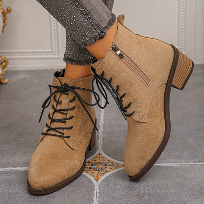 Damen Schnürstiefelette mit seitlichem Reißverschluss und Blockabsatz