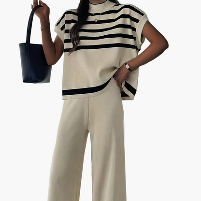 Damen Elegantes Streifen-Set mit weiter Hose und Kurzarm-Oberteil – Perfekt für Büro & Freizeit