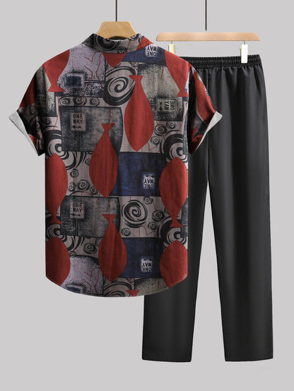 Herren Set Kurzarmhemd mit Grafikmuster und Hose – Modisches Freizeit-Outfit mit künstlerischem Design
