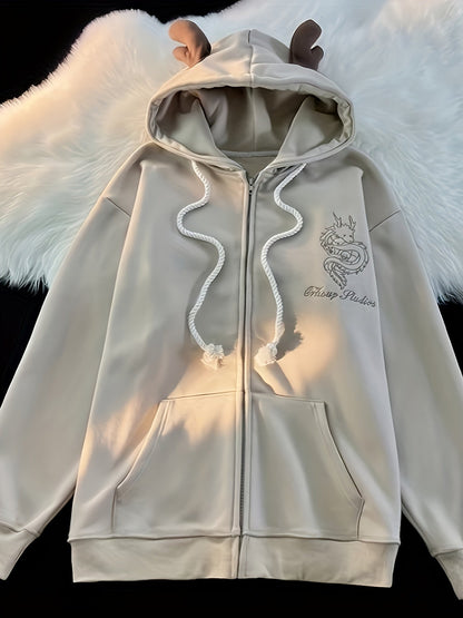 Unisex Reißverschluss Hoodie mit Hörnern und Drachenstickerei Beige